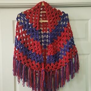 Red and Purple Crochet Shawl with Fringe